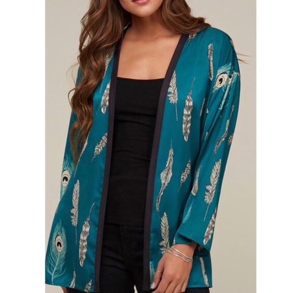 Teal Boho Feather Print Kimono Cardigan - Picture 6 of 7